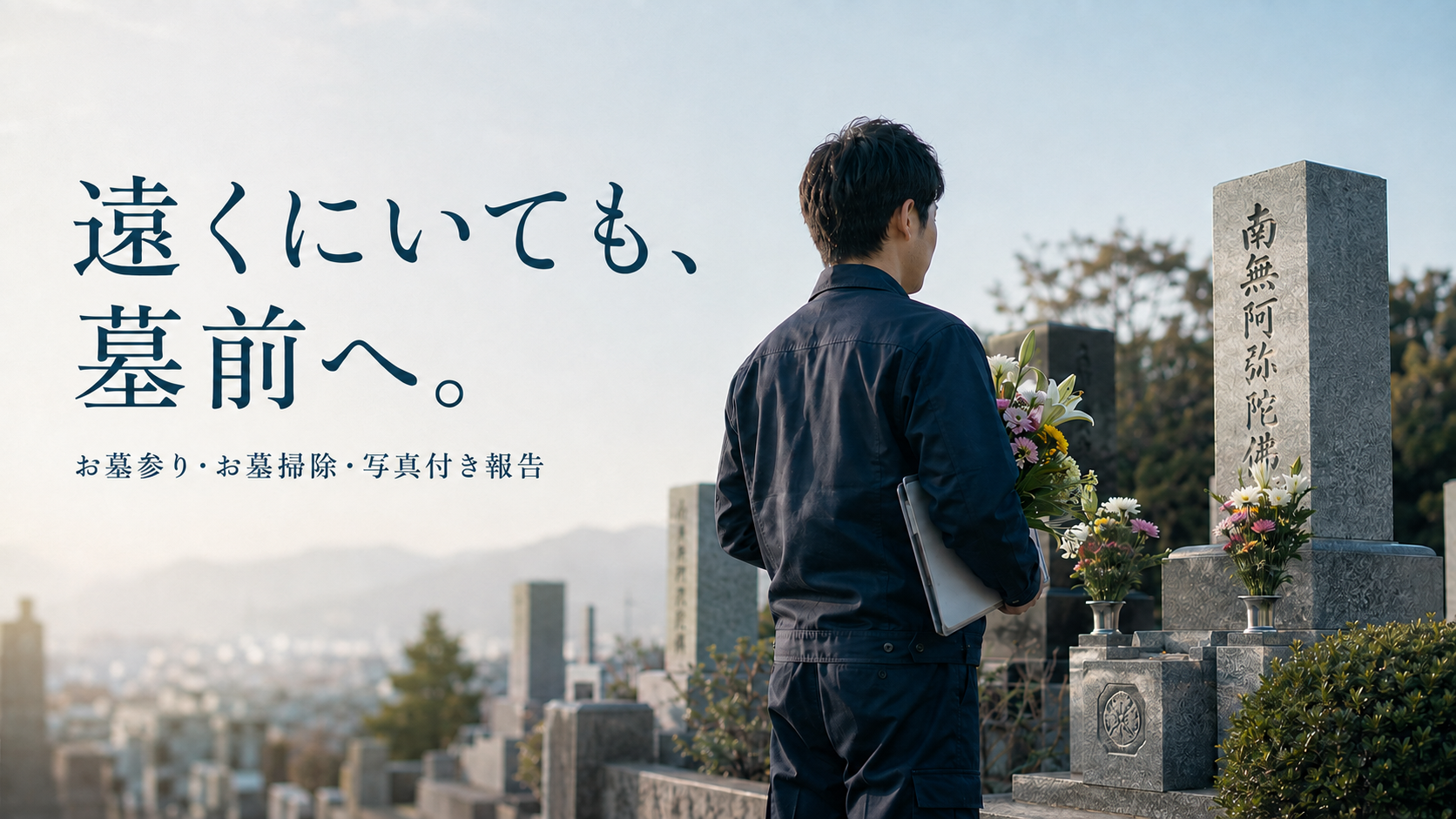 墓前の様子と、墓参り代行の記事を読むイメージ